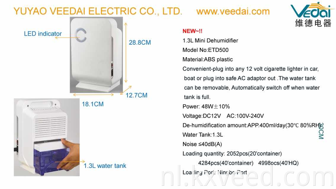ETD500 Watertank 1.3L Geen compressor draagbare huizenontvochtiger